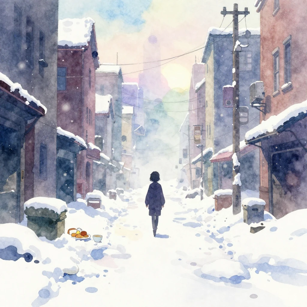 Vibrant watercolor style. Anime style, melancholic urban lan...