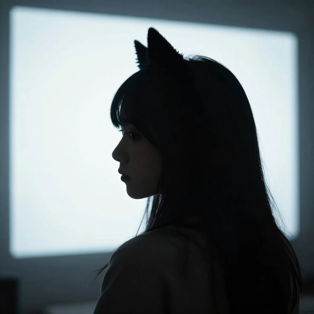 A stylized silhouette of a young girl with prominent cat ear...