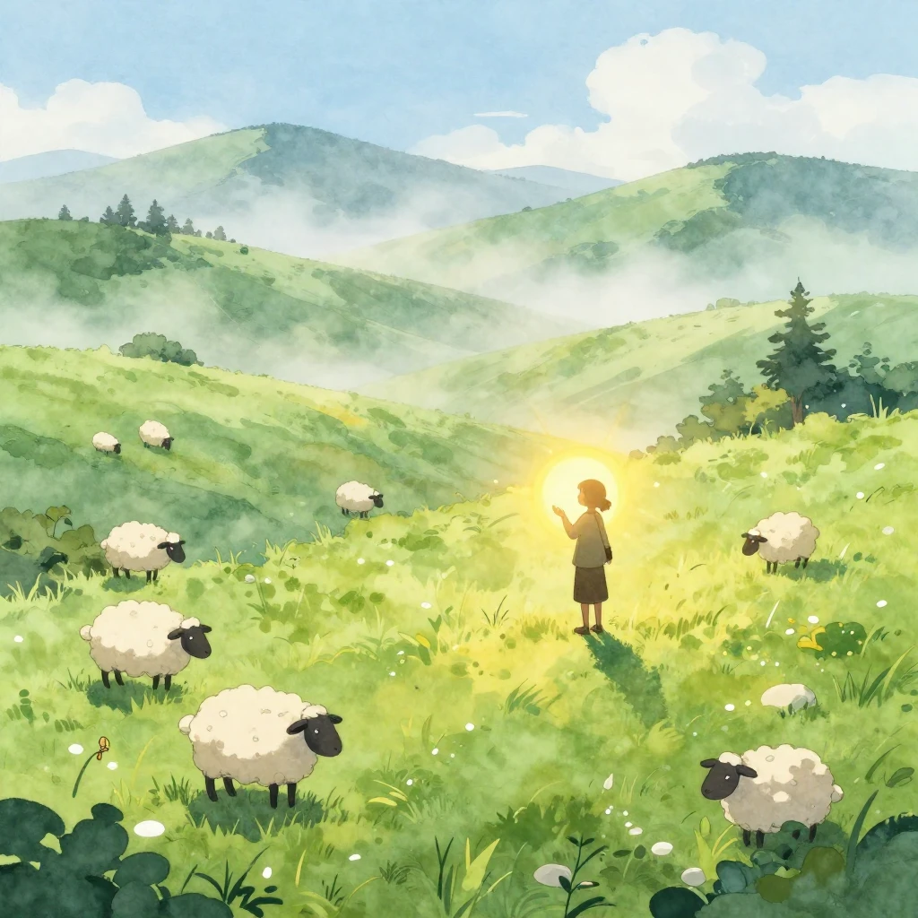 A dreamy pastoral scene in a vibrant watercolor and anime st...