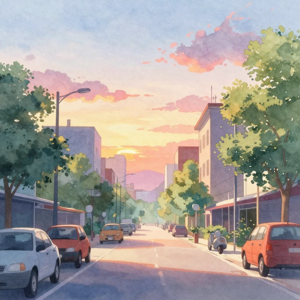 Vibrant watercolor style, anime style, city street at sunset...