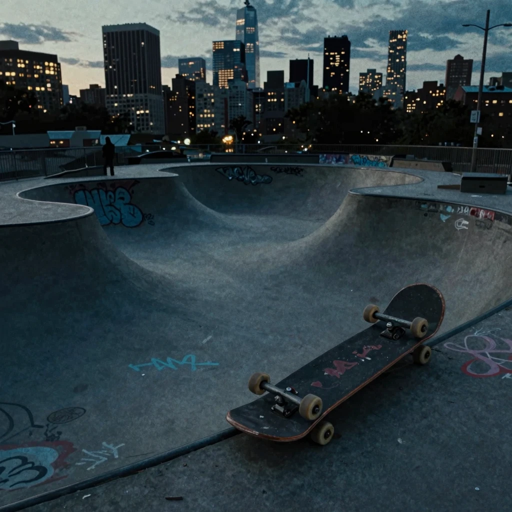 Anime style illustration of a gritty New York skate park at ...