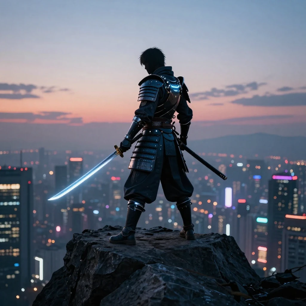 A lone futuristic samurai, clad in sleek, dark armor with gl...