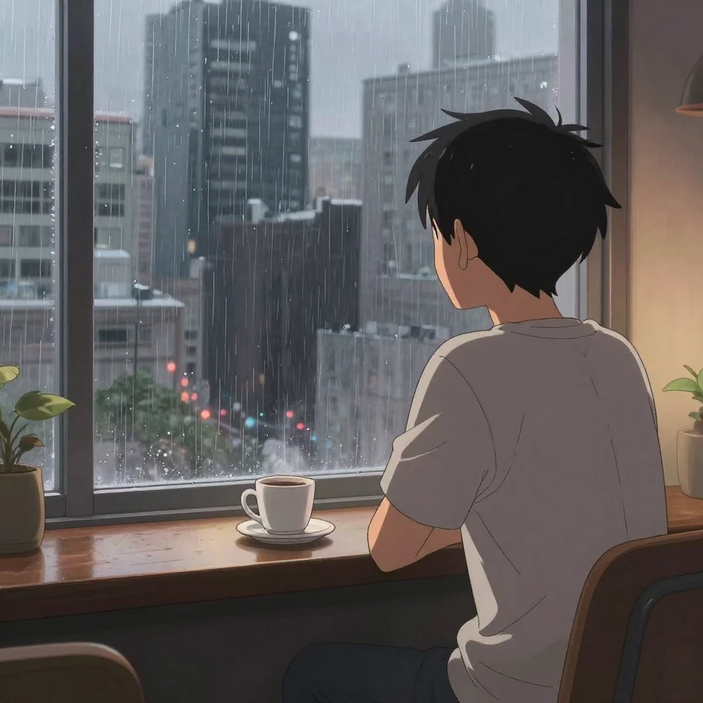 An anime-style illustration of a character sitting by a wind...