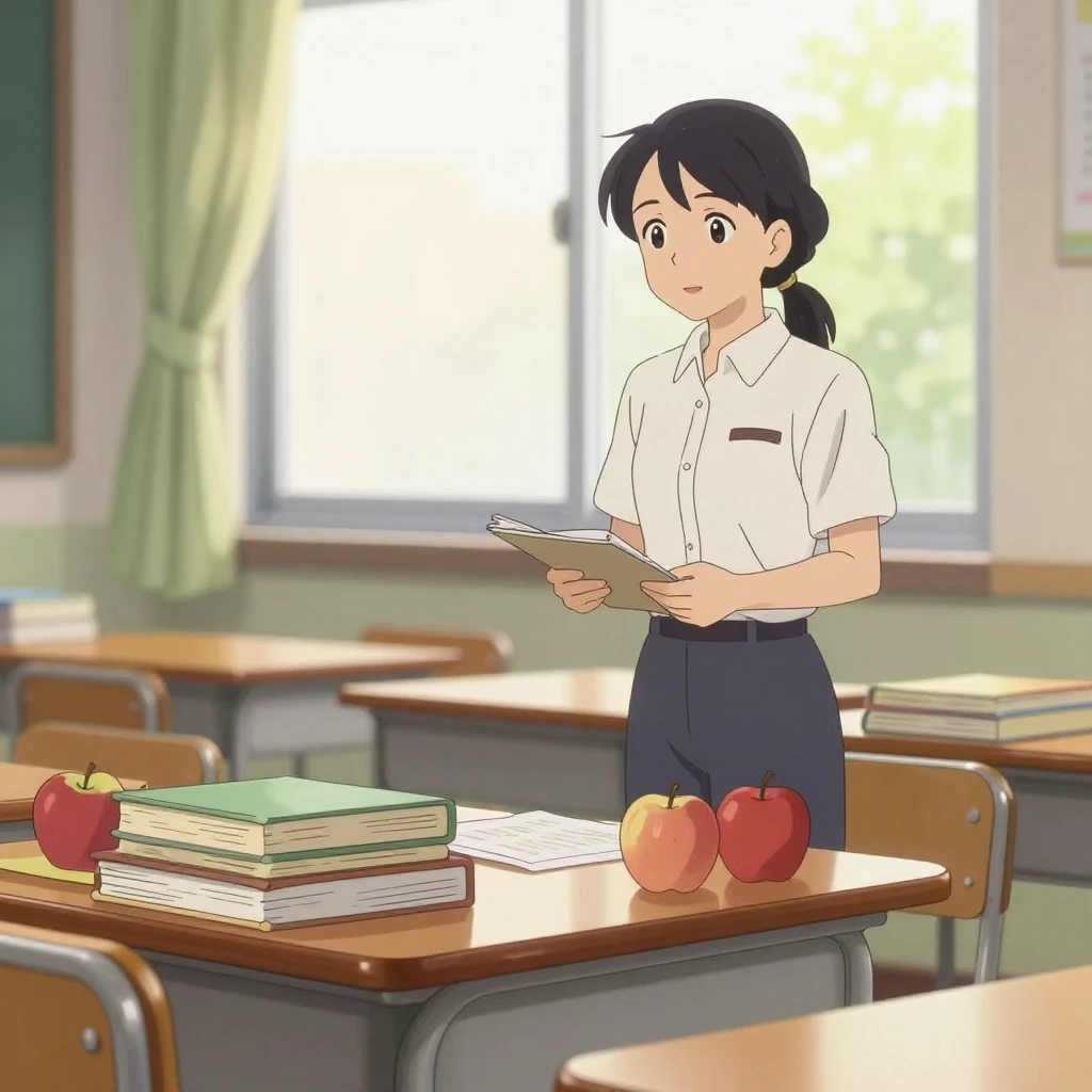 Anime-style classroom scene with teacher at desk, books and ...