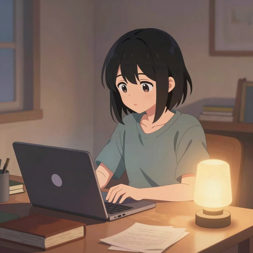 A lo-fi hip hop style illustration of a cozy room, a laptop ...