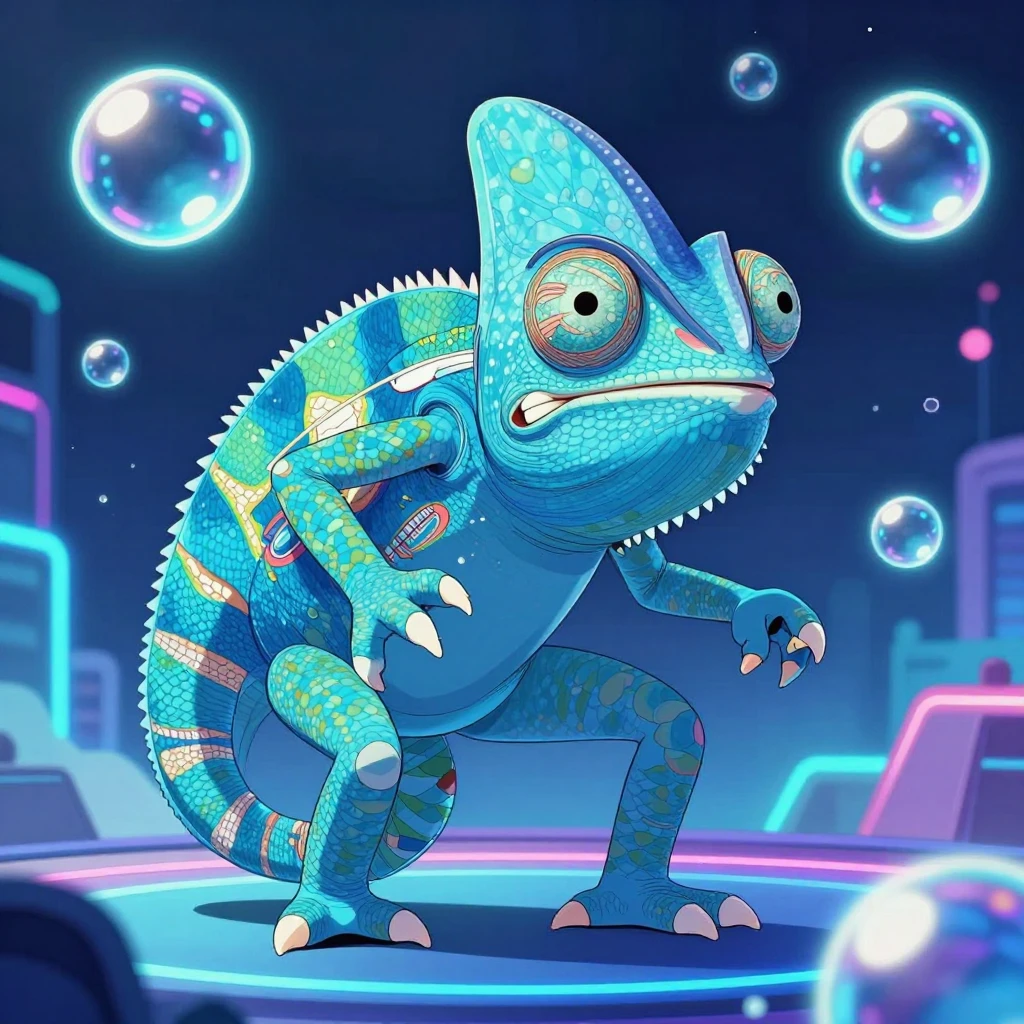 A blue humanoid chameleon character with a mischievous smile...