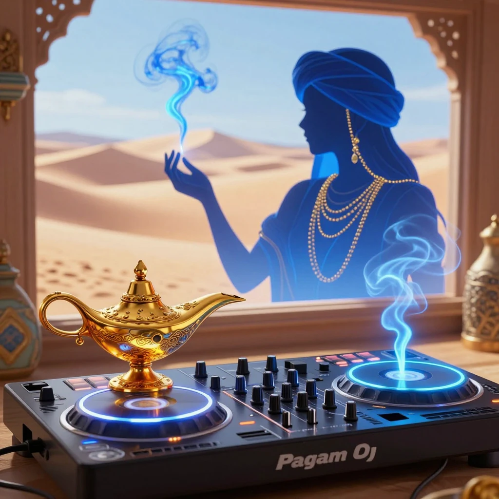 An anime style DJ deck with a mystical golden lamp and neon ...