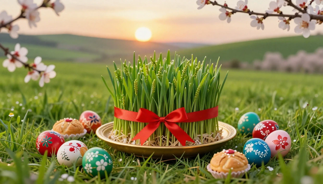 A lush green landscape celebrating the arrival of spring. In...