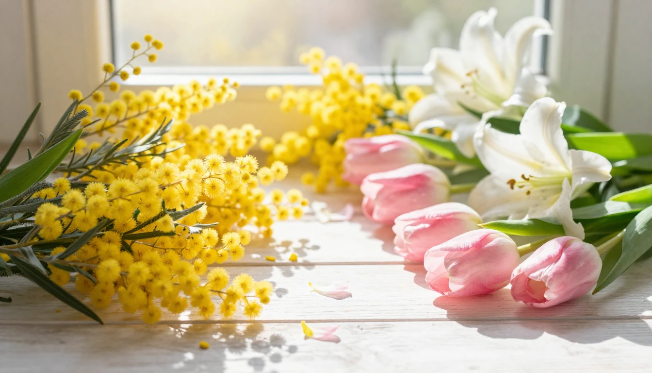 A lush arrangement of spring flowers, including bright yello...
