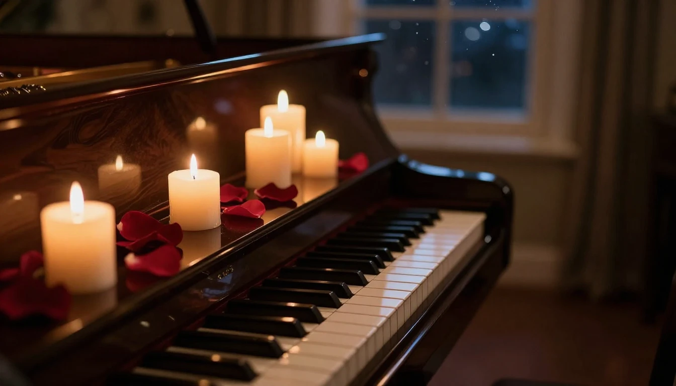 A close-up shot of a grand piano in a dimly lit room, illumi...