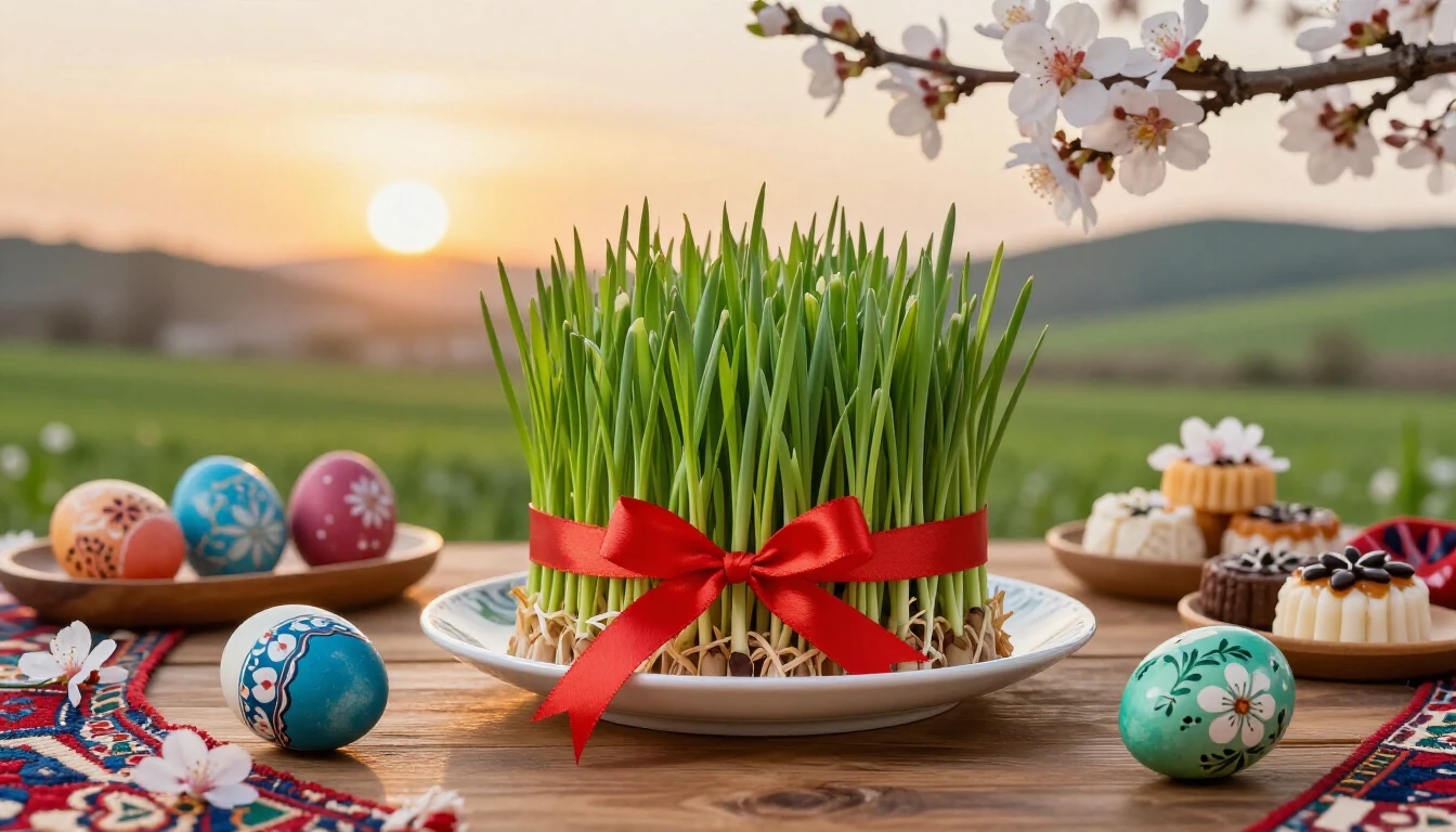 A lush and vibrant scene celebrating the spring equinox. In ...