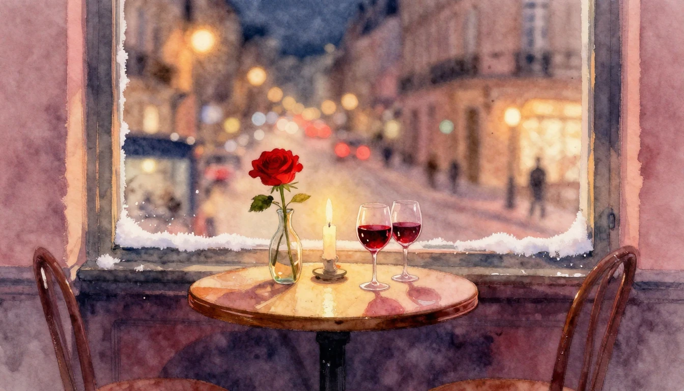 A romantic watercolor painting of a cozy evening scene. A sm...