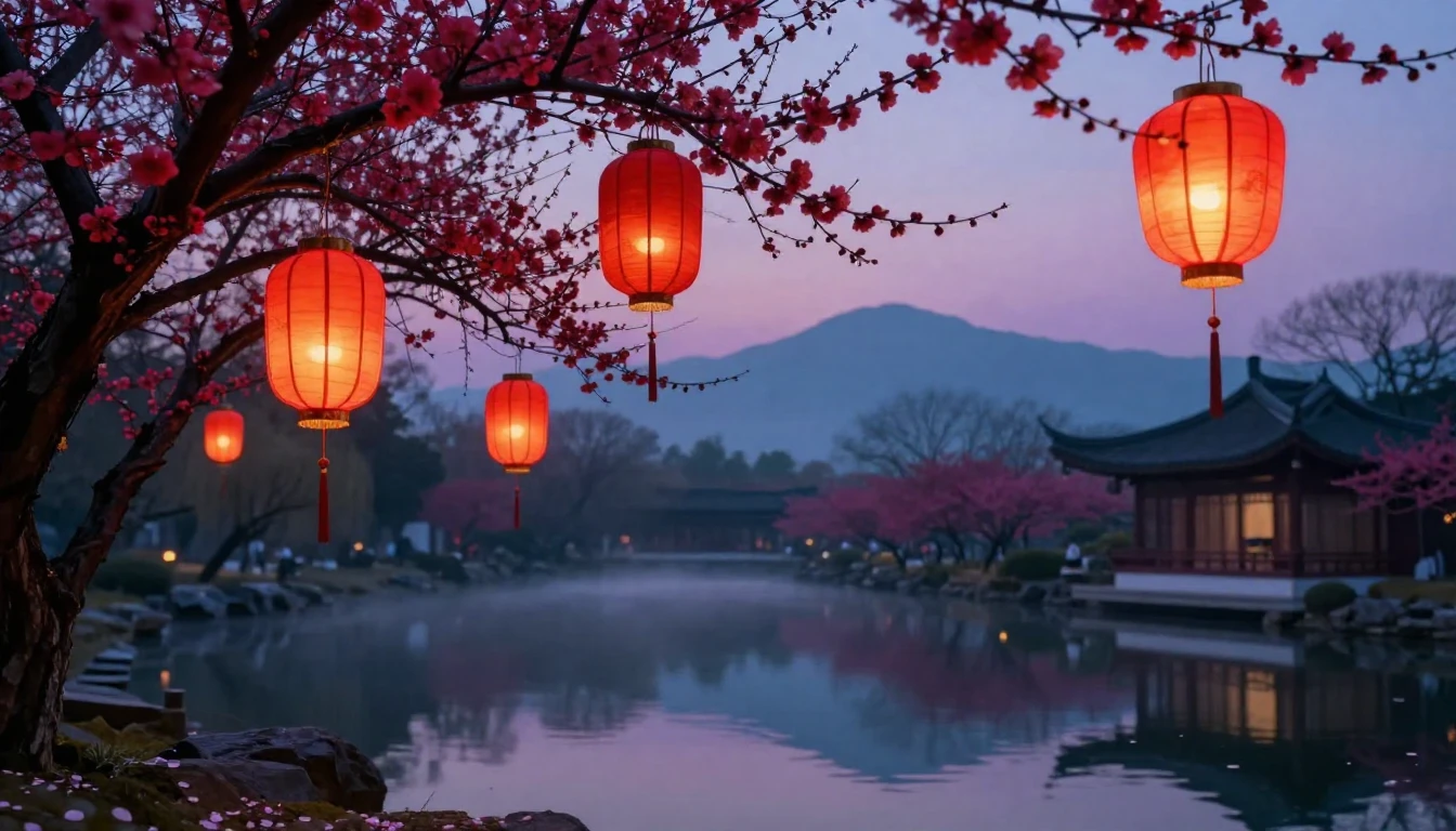 A serene landscape of a traditional East Asian garden at dus...