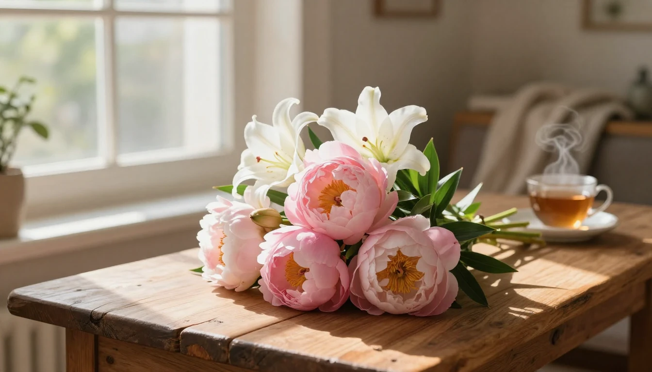 A beautiful bouquet of soft pink peonies and white lilies re...
