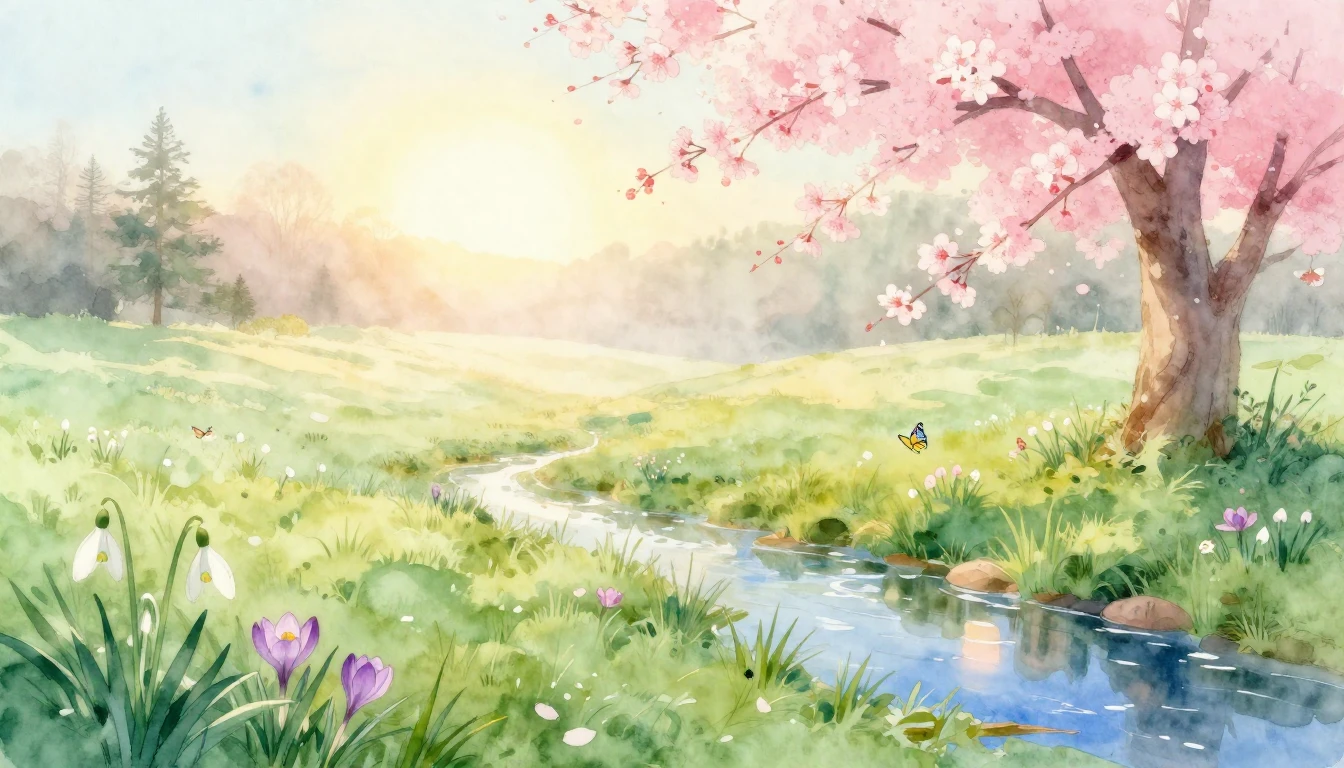 A delicate watercolor painting of a lush meadow at dawn. Sof...