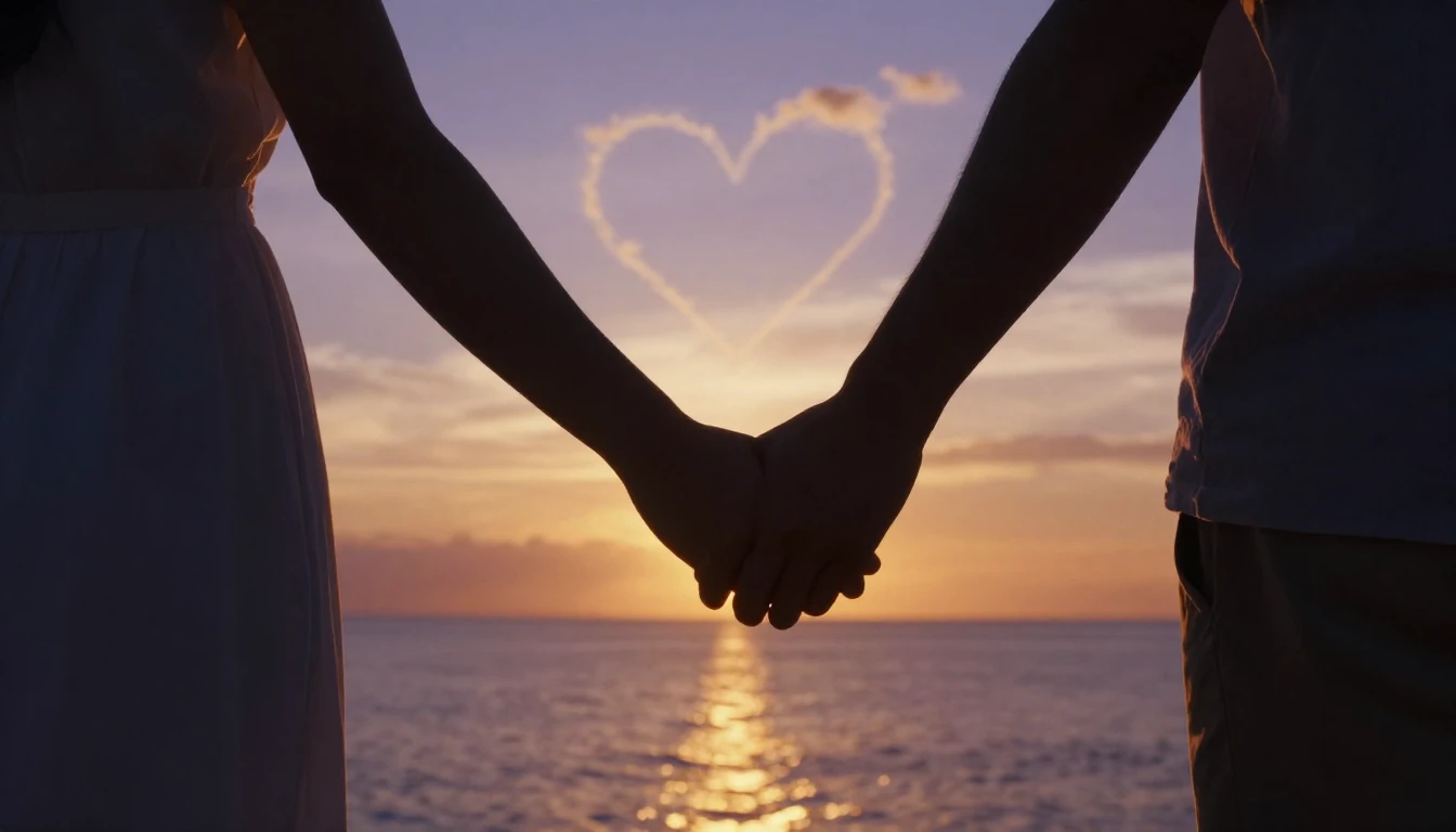 A cinematic shot of a silhouette of a couple holding hands a...