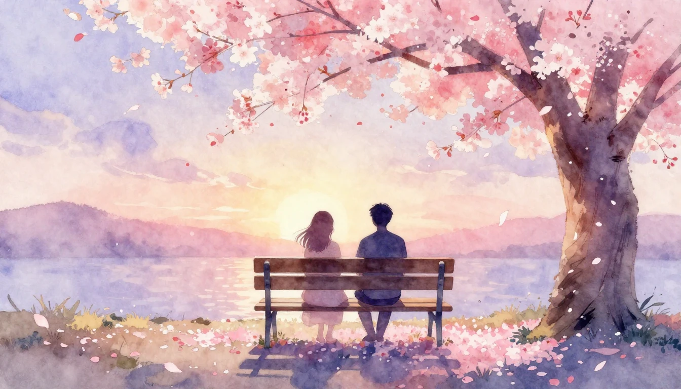 A soft watercolor painting of two stylized silhouettes sitti...