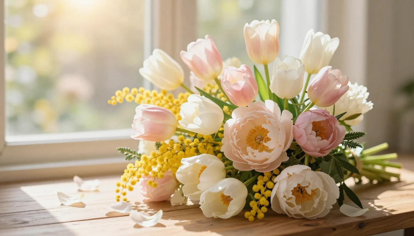 A beautiful bouquet of spring flowers including tulips, mimo...