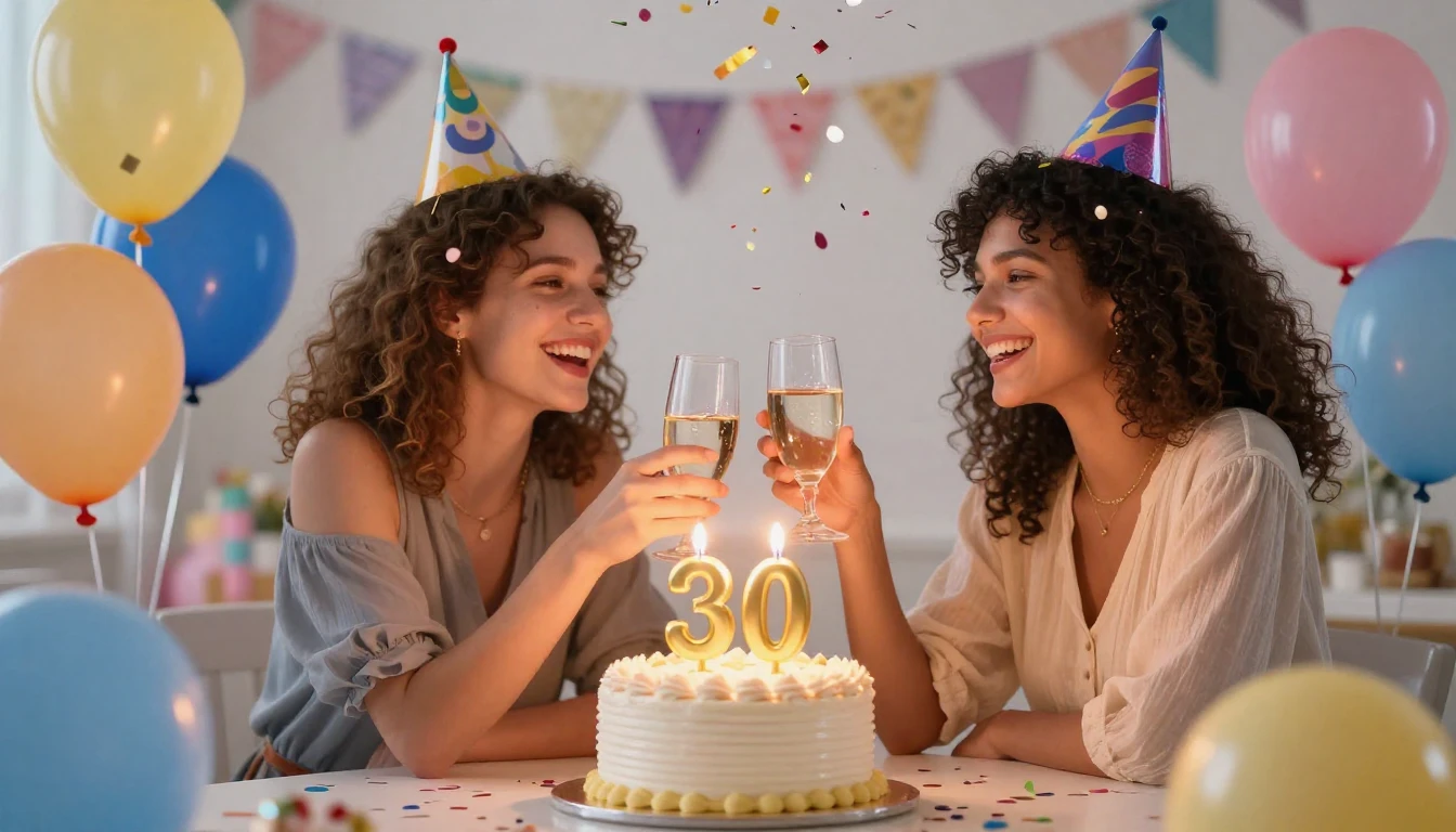 A joyful birthday celebration scene for a 30th birthday, fea...