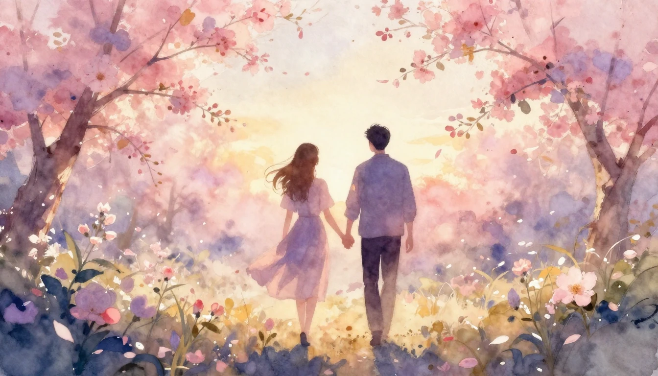 A beautiful watercolor painting of two silhouettes walking h...