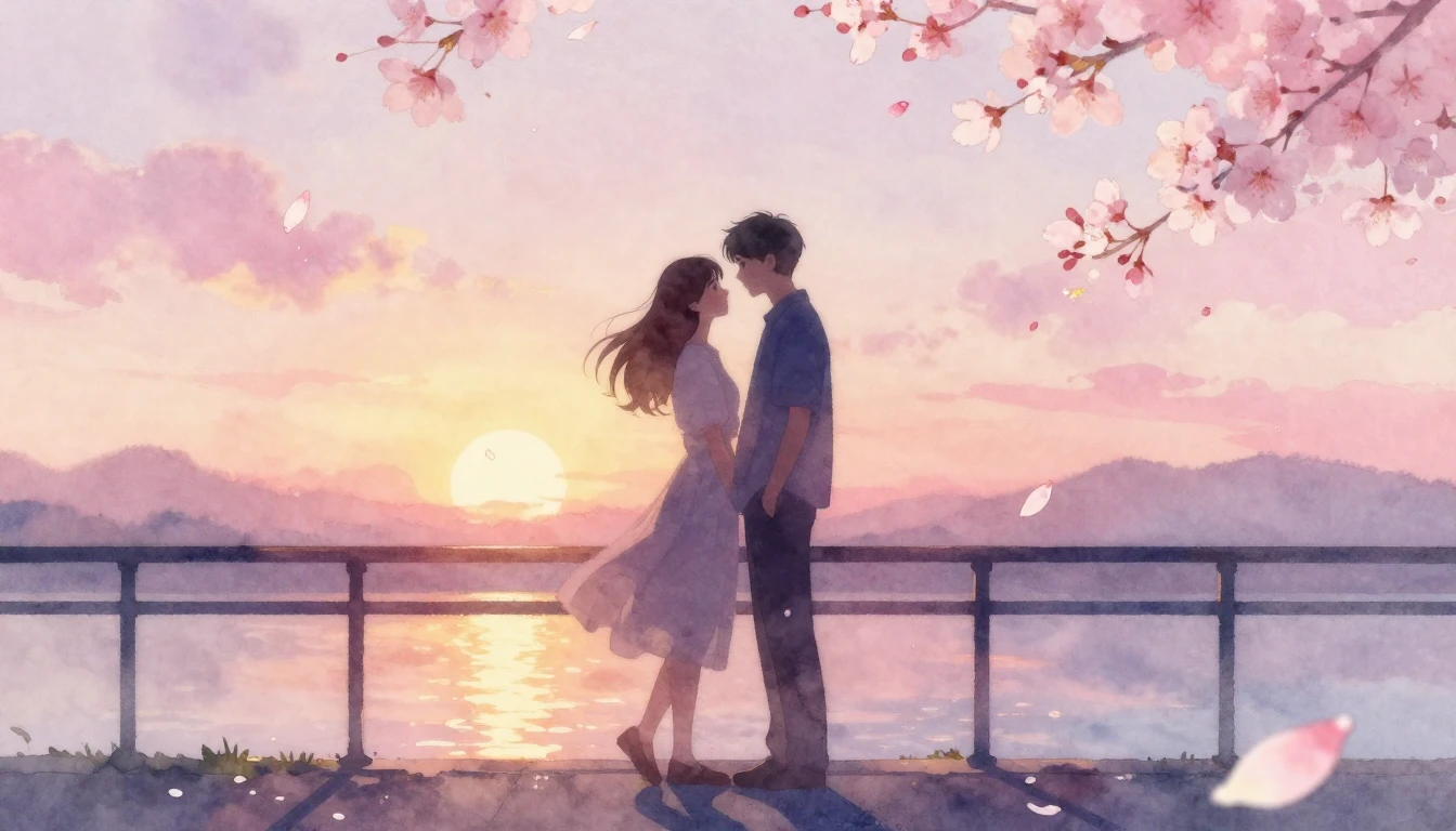 A delicate watercolor painting of two intertwined silhouette...