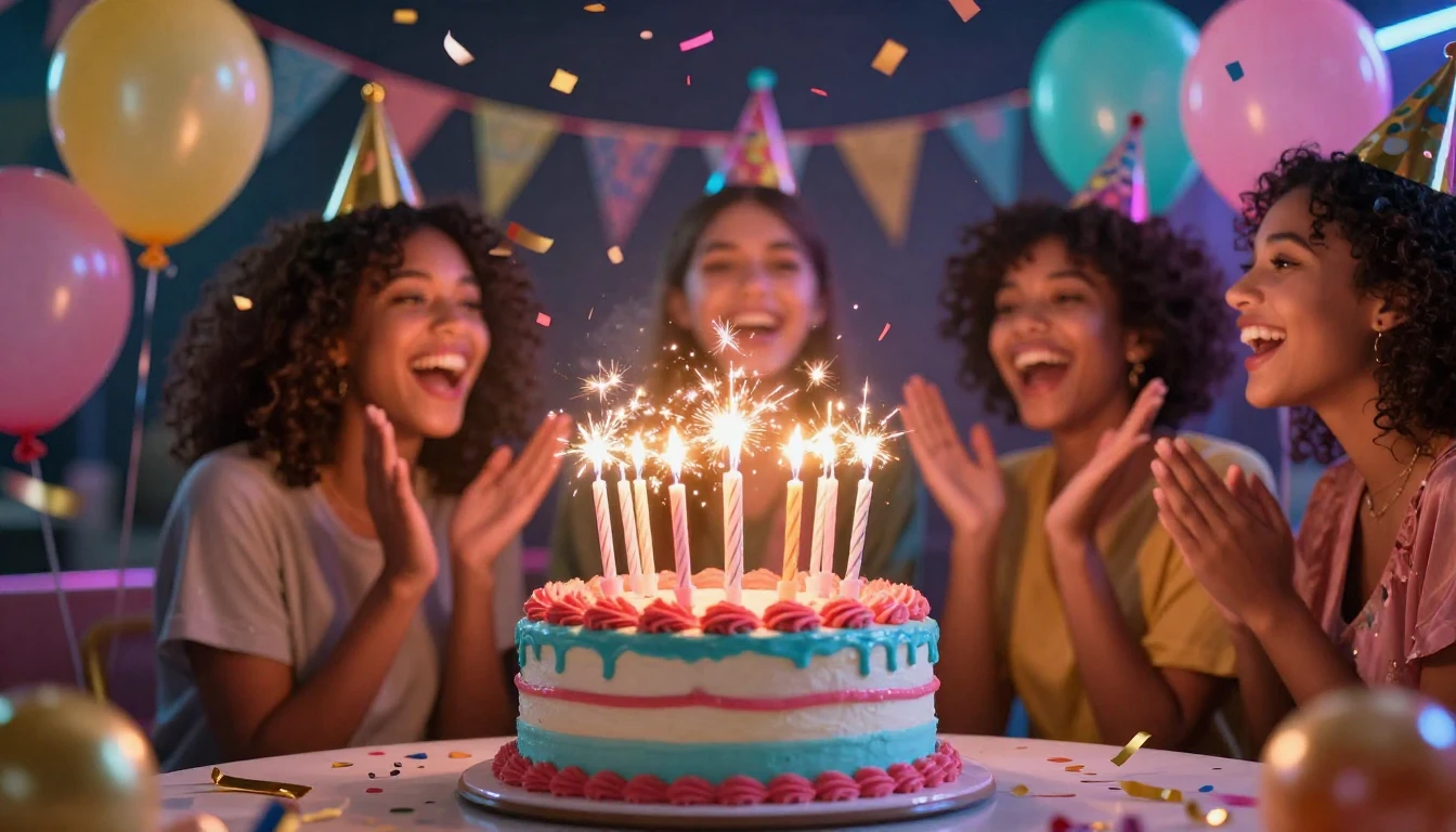 A vibrant and energetic birthday celebration scene, centered...