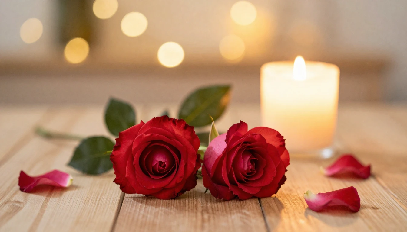 A beautiful and serene scene featuring two delicate red rose...