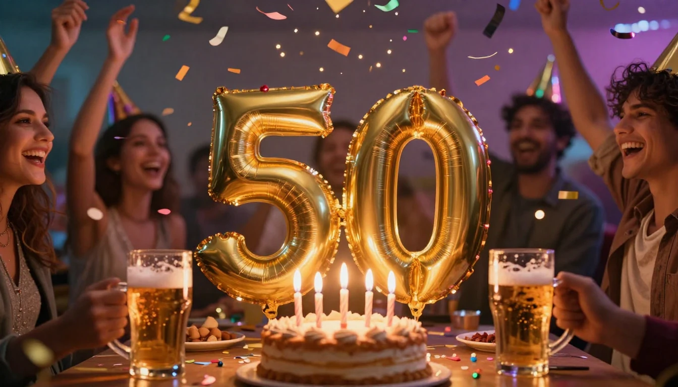 A vibrant and joyful celebratory scene representing a 50th b...