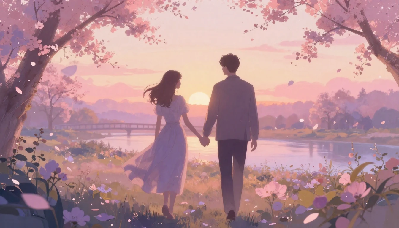 A soft and ethereal scene depicting two silhouettes walking ...