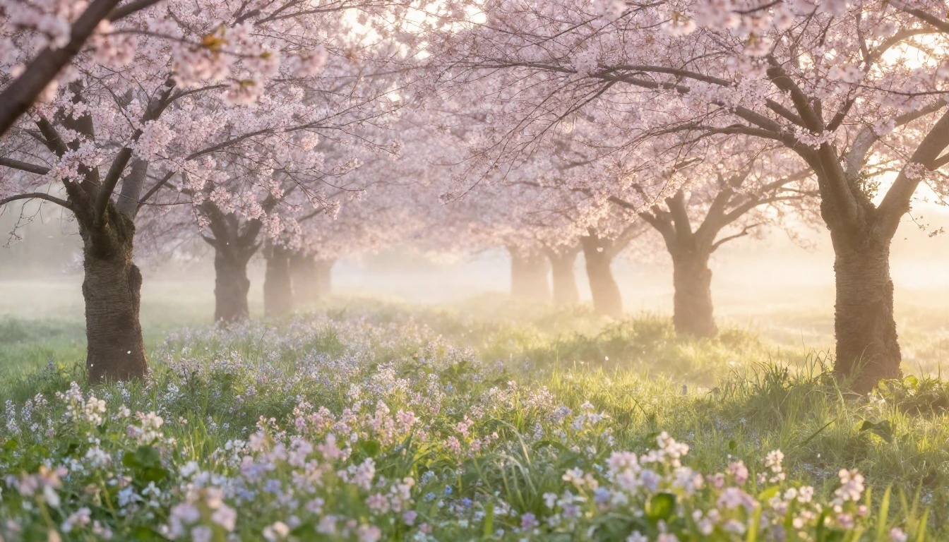 A serene spring landscape at dawn featuring a field of delic...