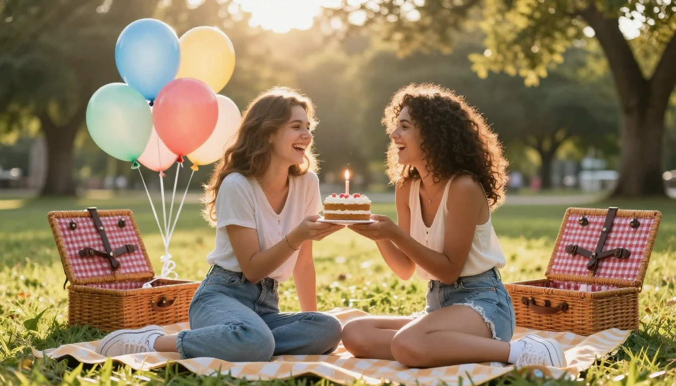 A heartwarming scene of two best friends sitting on a cozy p...