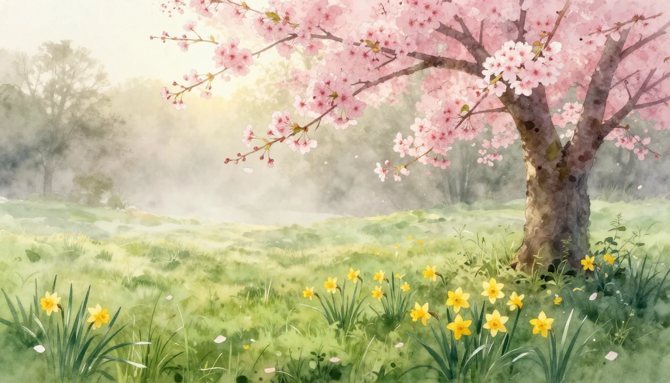 A delicate watercolor painting of a lush green meadow at daw...