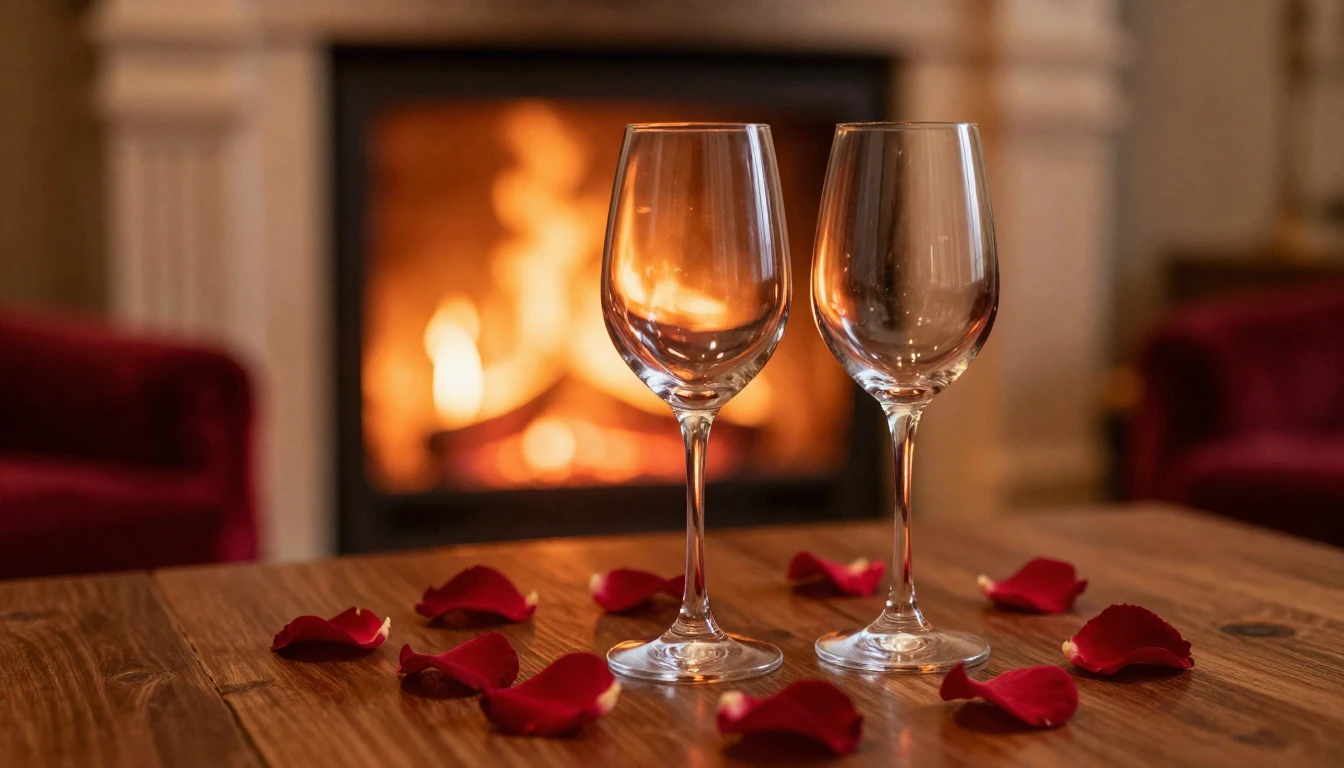 A romantic and dreamy scene featuring two elegant wine glass...