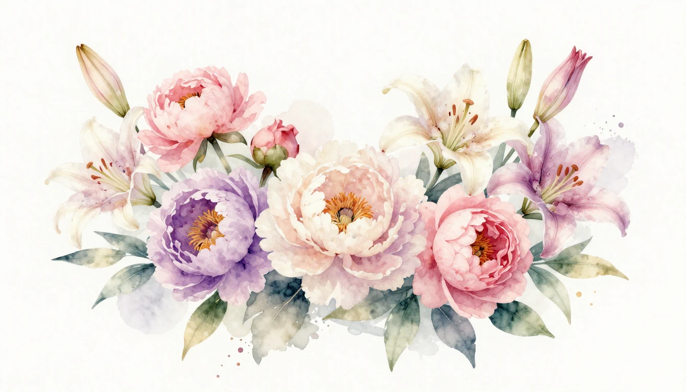 A beautiful and delicate watercolor painting featuring a var...