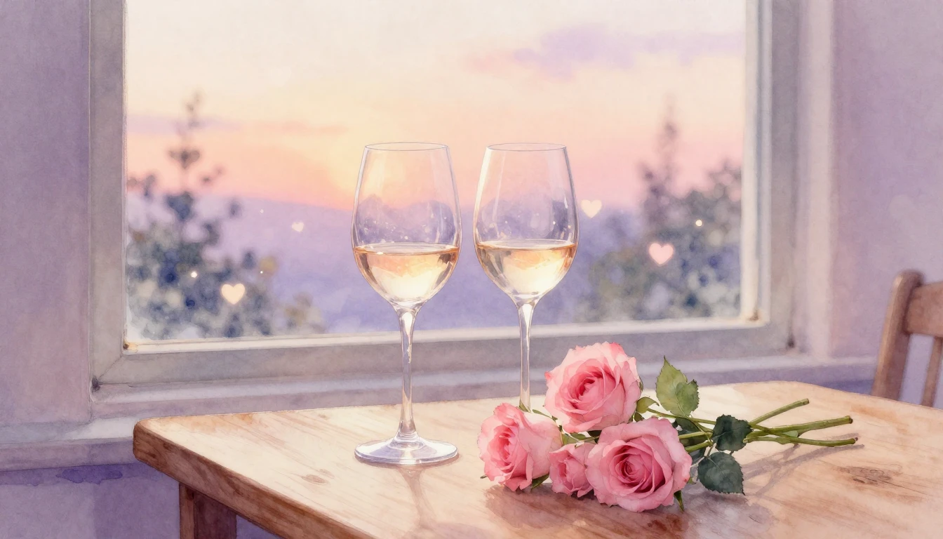 A soft watercolor painting of two elegant wine glasses and a...