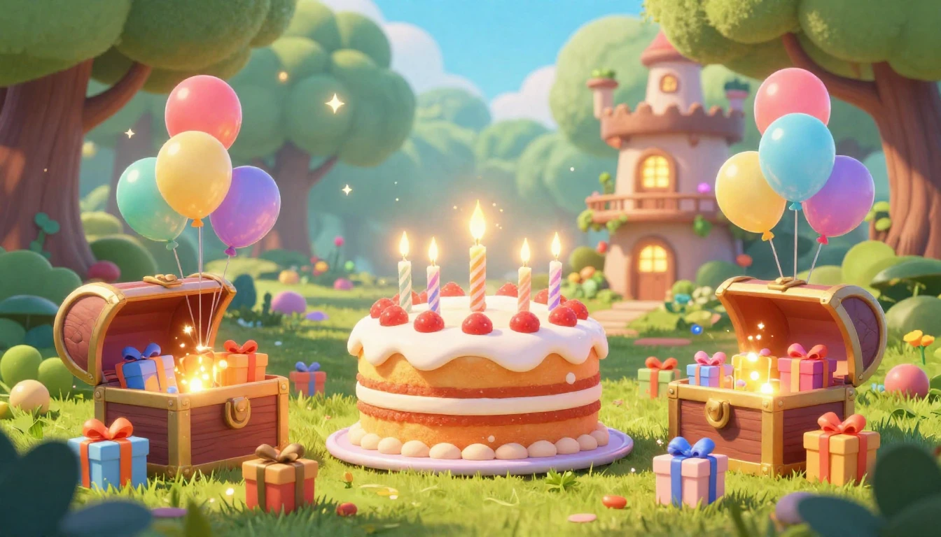 A vibrant and colorful 3D render of a magical birthday party...