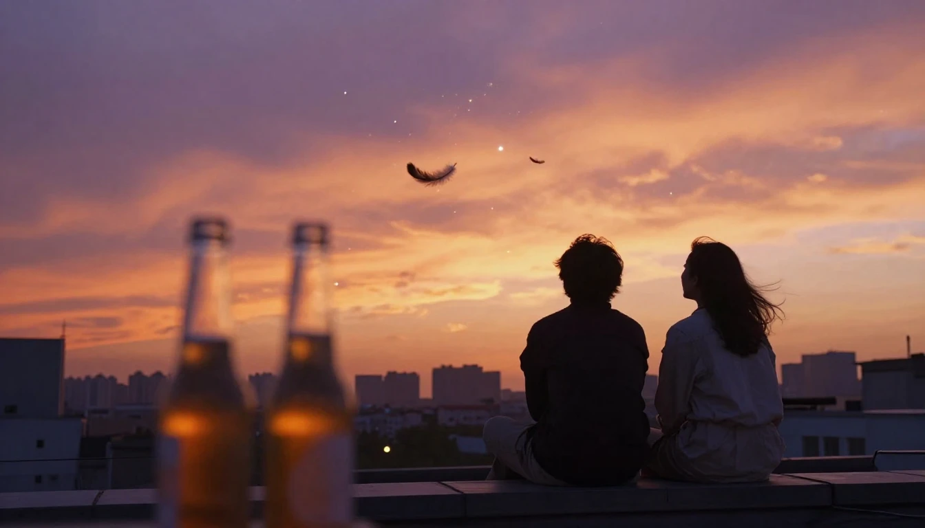 A warm and nostalgic scene depicting two silhouettes of frie...