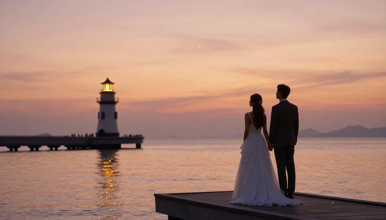 A romantic and atmospheric image of a newlywed couple standi...