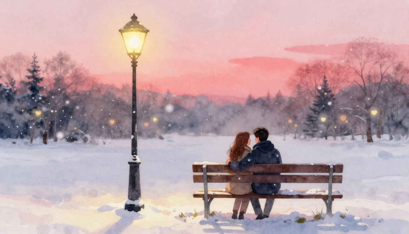 A romantic watercolor painting of a couple sitting close tog...