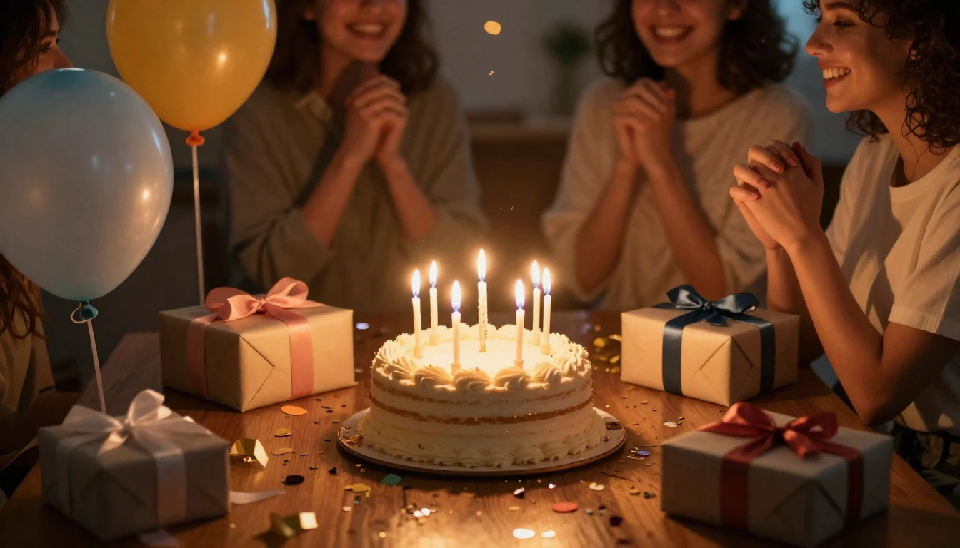 A warm and joyful birthday celebration scene. A beautiful bi...