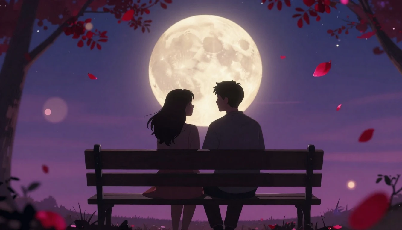 A romantic and dreamy scene featuring two silhouettes of a c...