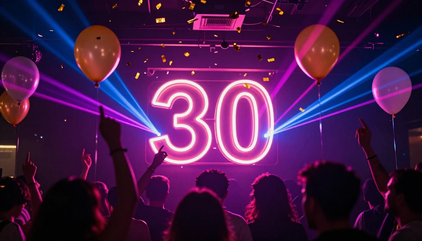 A vibrant and energetic party scene focusing on a large, glo...