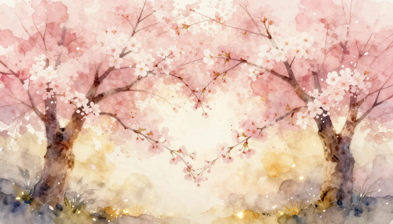 A dreamlike watercolor painting of two delicate cherry bloss...