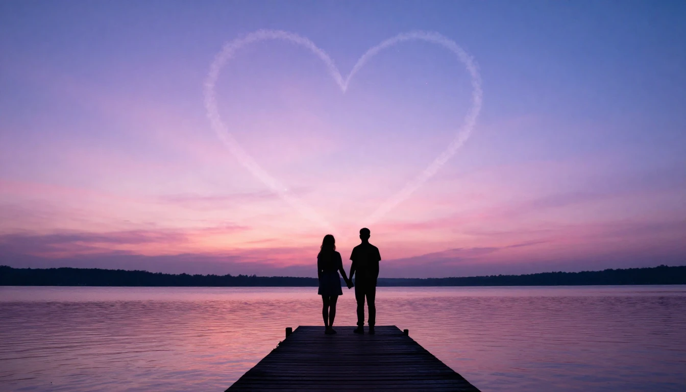 A romantic and ethereal scene depicting two silhouette figur...