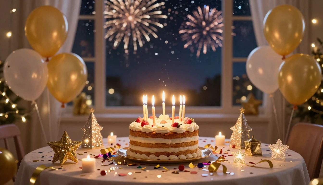 A festive and joyous scene celebrating both a birthday and N...