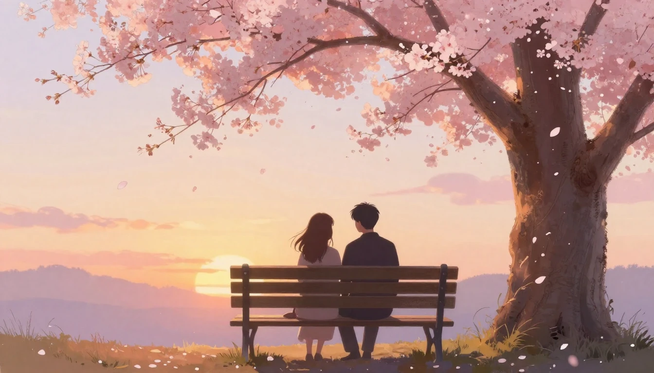A romantic and dreamy scene depicting two silhouettes sittin...