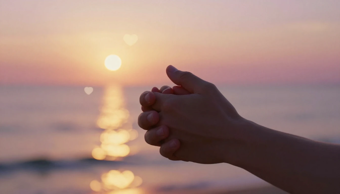 A cinematic, romantic close-up shot of two hands gently hold...