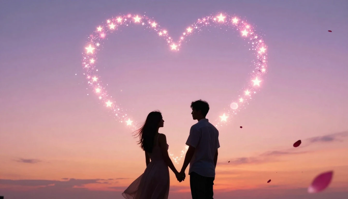 A romantic and dreamy scene featuring two silhouettes of a c...