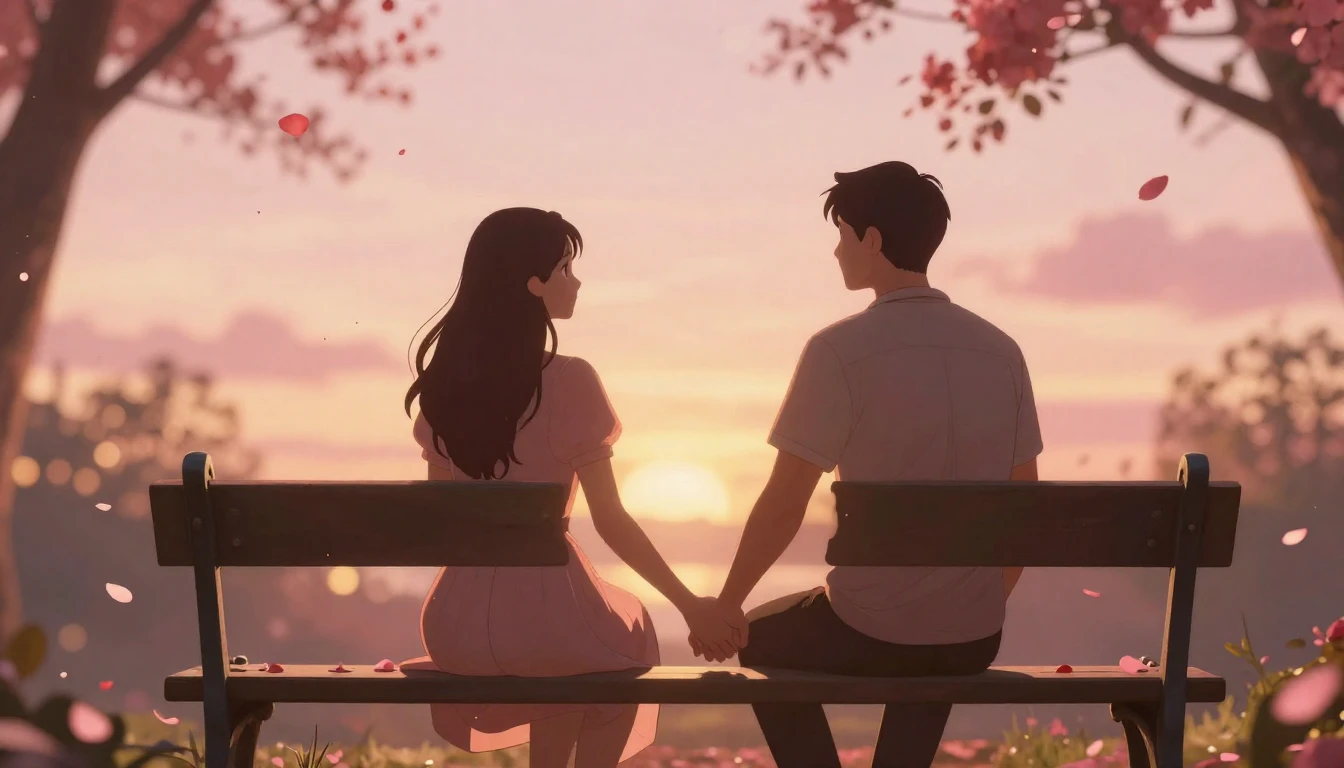 A romantic and dreamy scene featuring a couple holding hands...