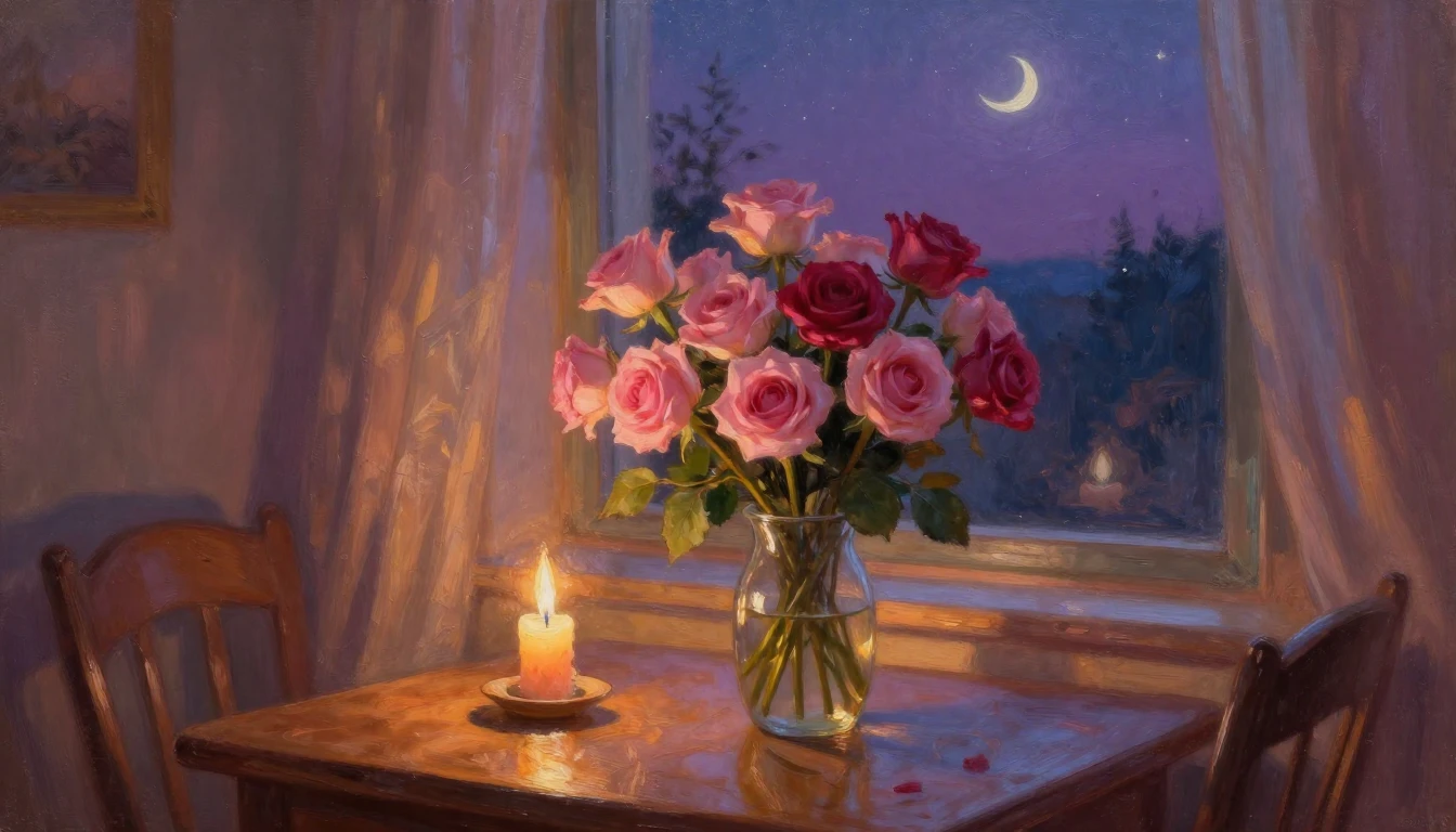 An impressionist oil painting of a cozy room at dusk. A bouq...